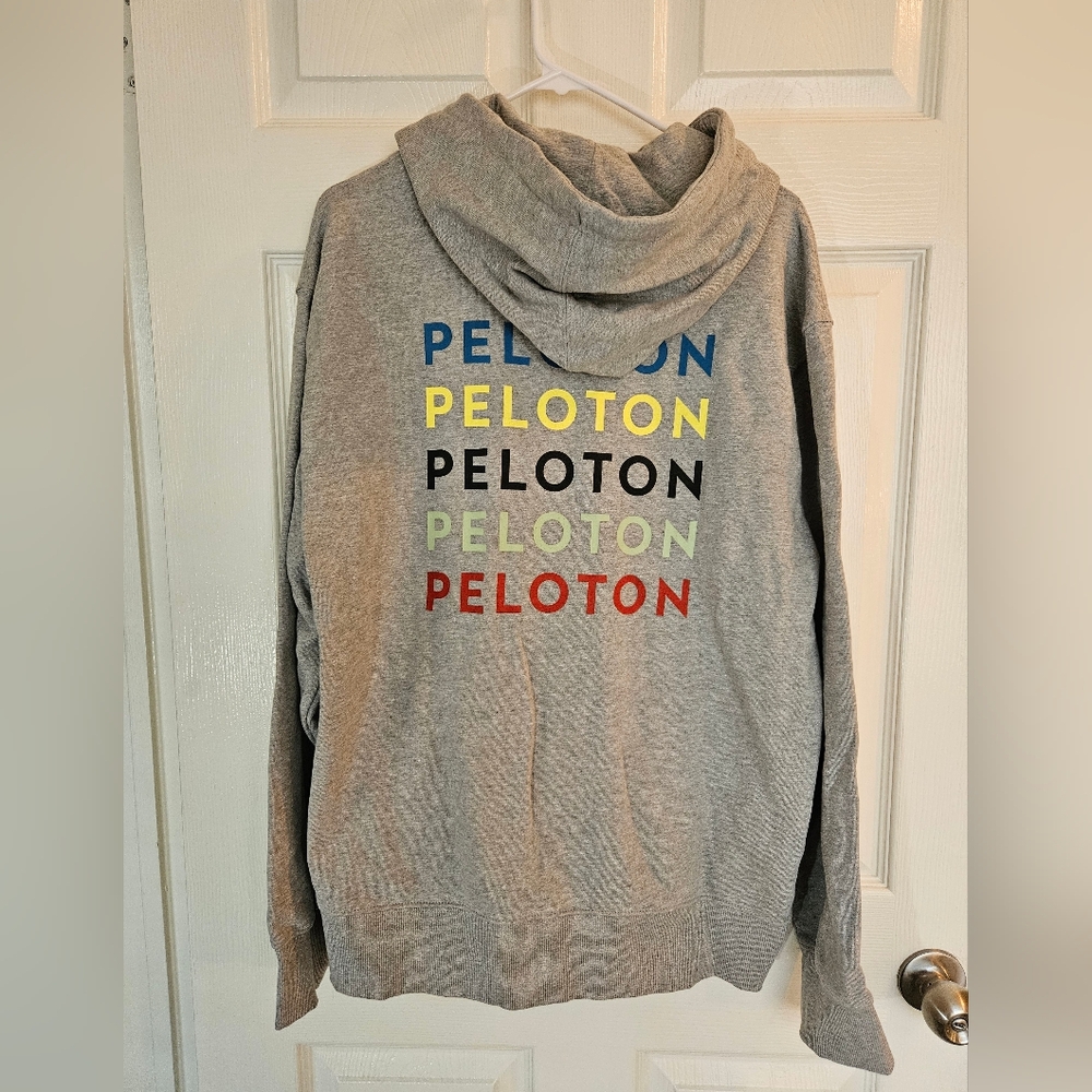 Mens Peloton Gray Hoodie with Colorful Text Logo Size Large 100% Cotton